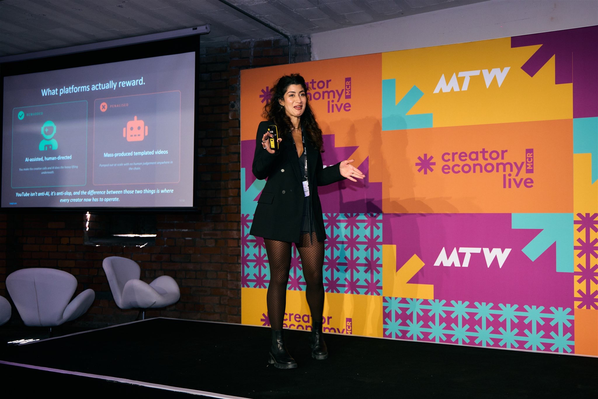 Hala Al-Ajil speaking on stage at Creator Economy Live, Manchester